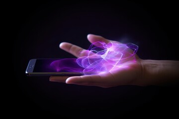A smartphone in a person's hand that emits invisible electromagnetic waves. Generative AI. - obrazy, fototapety, plakaty