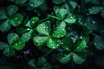 A bunch of clover leafs surrounded by drops of rain water. Generative AI.
