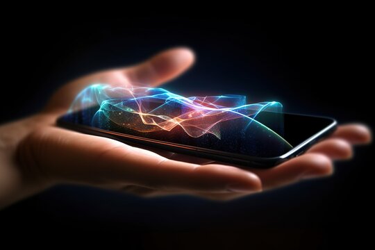 A smartphone in a person's hand that emits invisible electromagnetic waves. Generative AI.