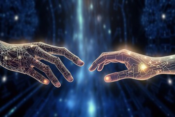 Hands of robot and human touching on big data network connection background. Generative AI.