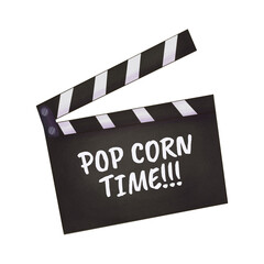 Naklejka premium Icon movie clapper board and film Pop corn time on it