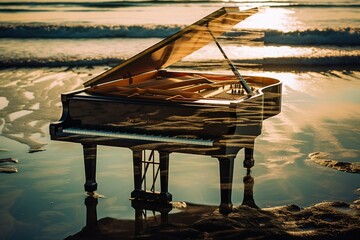 Double exposure of a grand piano and an ocean. Generative AI.