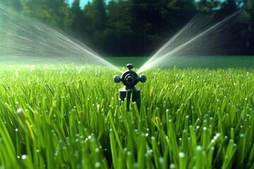 Green grass with sprinkler. Generative AI.