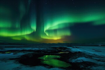 Beautiful landscape with aurora borealis. Generative AI.