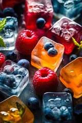 Fototapeta na wymiar Fresh fruits frozen in ice cubes. Fresh healthy summer eating. Ai generative