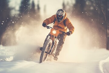 A man riding a bicycle in snow. Generative AI.