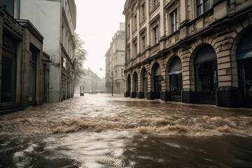 Naklejka na ściany i meble Devastating Effects of Climate Change: A Whirlwind of Unstable Weather and Floods Ravage a City: Generative AI