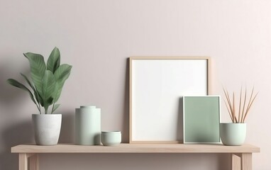 Empty woodwn photo frame mockup, green potted plant on wooden shelf, scandinavian style interior pastel colors created with Generative AI technology