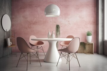 Modern Home Design: Generative Interior with Wood Table and Pink Chairs in a Dining Room. Generative AI