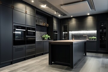 Luxurious Contemporary Home Design: Dark Grey Cabinets in a Large Black Kitchen: Generative AI