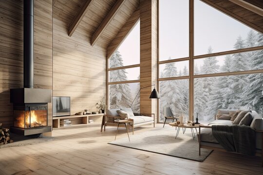 Cozy Winter Chalet Living Room - Perfect Indoor Vibe for Relaxing and Sleeping, Panoramic View of Snowy Forests and Fireplace - Ideal for Real Estate Companies. Generative AI