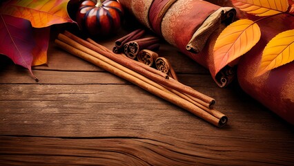 Autumn Bliss: A Cozy Seasonal Arrangement of Leaves, Pumpkins, and Cinnamon on a Rustic Wood Background
