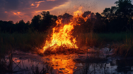 an illegal fire or fire pit or arson in dry surrounding grass at sunset in rural area