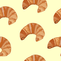 Seamless pattern with croissant on the zellow background. Vector graphics for fabric