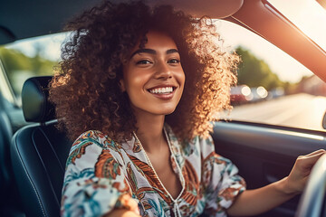 young adult woman driving a car, smiling joyfully, hands on steering wheel