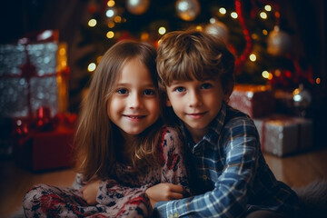 Obraz na płótnie Canvas two kids, boy and girl cuddling,, sibling love between siblings on christmas with christmas presents and christmas tree in evening