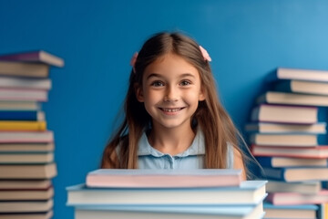 child and school books,stack of books with girl