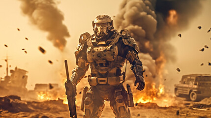 man in robot cyborg combat gear in war zone in combat with weapon and explosion ,fictitious location, artificial intelligence and machines as weapons