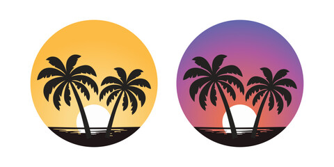 Vector Palm Trees, Palm Tree Icon Set Isolated. Palm Silhouettes on Sunset Background. Design Template for Tropical, Vacation, Beach, Summer Concept. Vector Illustration. Front View