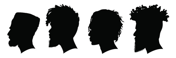 Silhouettes of African American men part 2, profile with various hairstyles, contour on white background. Vector illustration