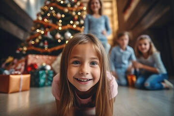 Fototapeta premium christmas in the living room, toddler, girl sitting on the floor in front of a christmas tree with christmas presents, family and siblings on christmas eve