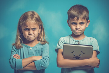 two angry or offended kids in bad mood, laptop computer