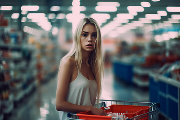 adult mature woman with shopping cart in supermarket at product rule having bad mood or negative mood, listless annoyed disappointed face expression