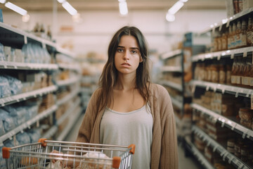 adult mature woman with shopping cart in supermarket at product rule having bad mood or negative mood, listless annoyed disappointed face expression - obrazy, fototapety, plakaty