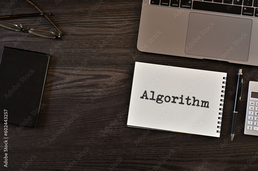 Poster there is notebook with the word algorithm.it is as an eye-catching image.