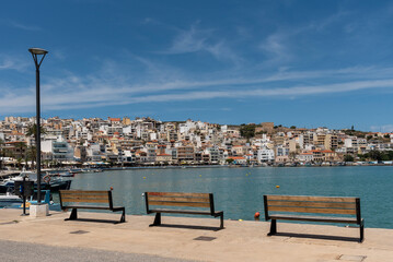 Fototapeta na wymiar Sitia, Eastern Crete, Greece, Europe, 2023 . Early Spring on the waterfront in Sitia an eastern Crete holiday destination resort. The harbour area.