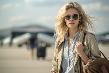young adult woman with handbag or hand luggage at airport , fictional place, large hall, arrival or departure