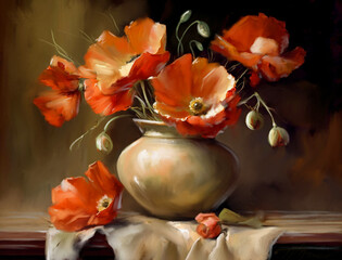 Digital oil paintings, still life with poppy flowers. Artwork, fine art