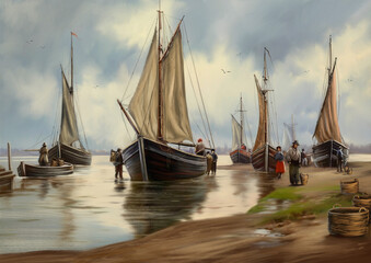 Digital oil paintings landscape, fishing boats in the harbor. Fine art