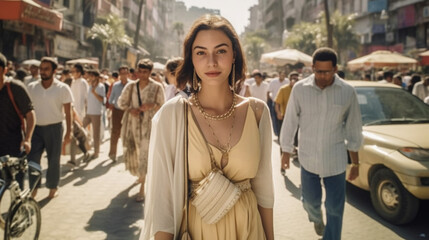 young adult woman on a street with a lot of local people, trip to an old town, city trip, fictional place