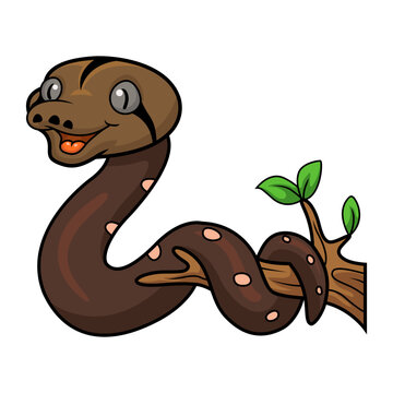 Cute golden child phantom reticulatus python cartoon on tree branch
