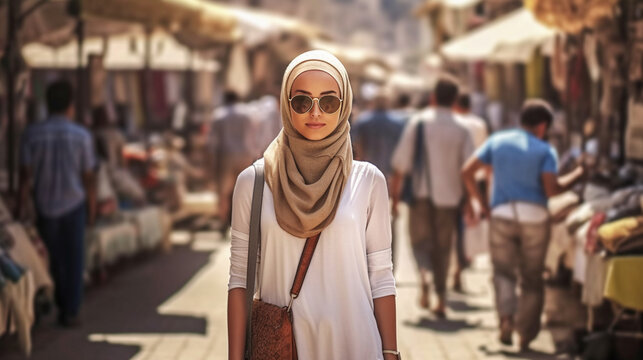 young adult woman with headscarf as sun protection, caucasian, in a market reading tourist with handbag and sunglasses, holiday trip, fictional place