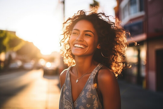 young adult woman, walking in a city in free time in the evening, laughing and smiling, happy life and contentment