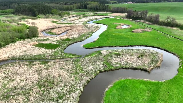 Top view of small river Lyna flowing in Warmia, northern Poland, Europe