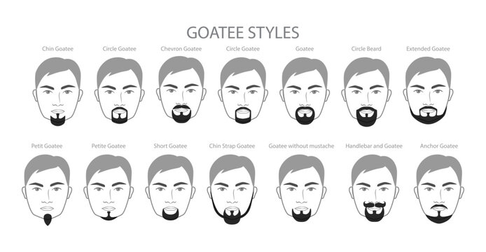 Set of Goatee Beard and mustache with name text style men face illustration Facial hair. Vector black grey portrait male Fashion template flat barber. Stylish hairstyle isolated outline on white