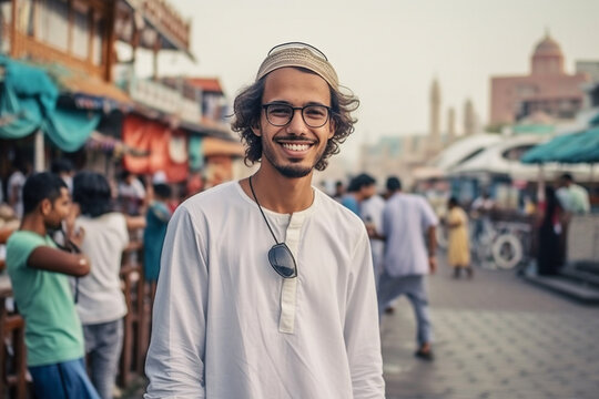 young adult native man wearing white clothing and cap, arab appearance, fictional location, background native local people and old town view