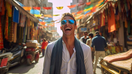 young adult man caucasian sunglasses in a city with people in the background