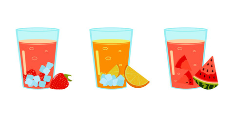 Set of summer soft non-alcoholic fruit drinks. Isolated on a white background. Cafe menu design, posters, coupons. Vector flat illustration.