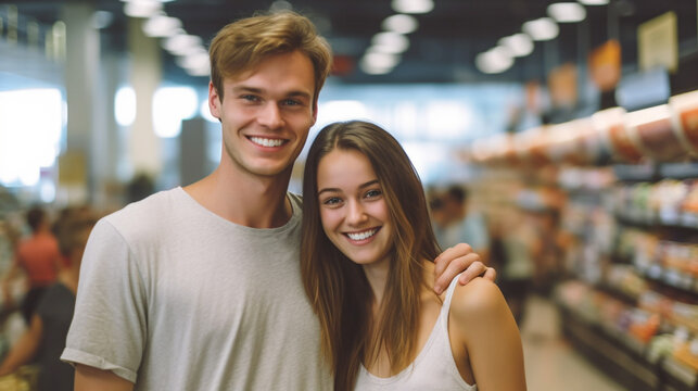 young adult couple shopping in supermarket