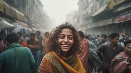young adult woman tourist in crowded side street, local people people, dirty misty smog air, gray city old and overpopulated, young