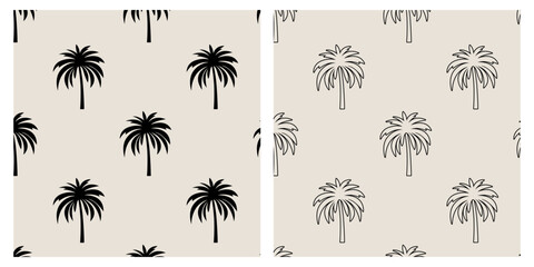 Vector Black and White Seamless Pattern with Palm Trees, Palm Tree Design Template, Print. Palm Silhouettes. Tropical, Vacation, Beach, Summer Concept. Vector Illustration. Front View