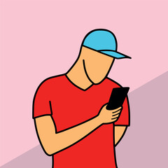 Man in cap using mobile phone cartoon vector illustration colorful background