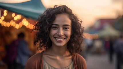 young adult female is outdoors in the early evening at an event with a small tent, village festival or fictional event