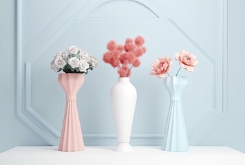 three pink flower vases on a white pedestal, generative ai