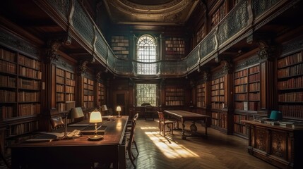 Fototapeta premium Library - A building or room containing collections. AI generated