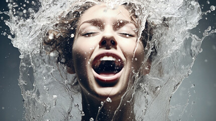young adult woman, water splash, water, washing off refreshment bathing swimming. Generative AI